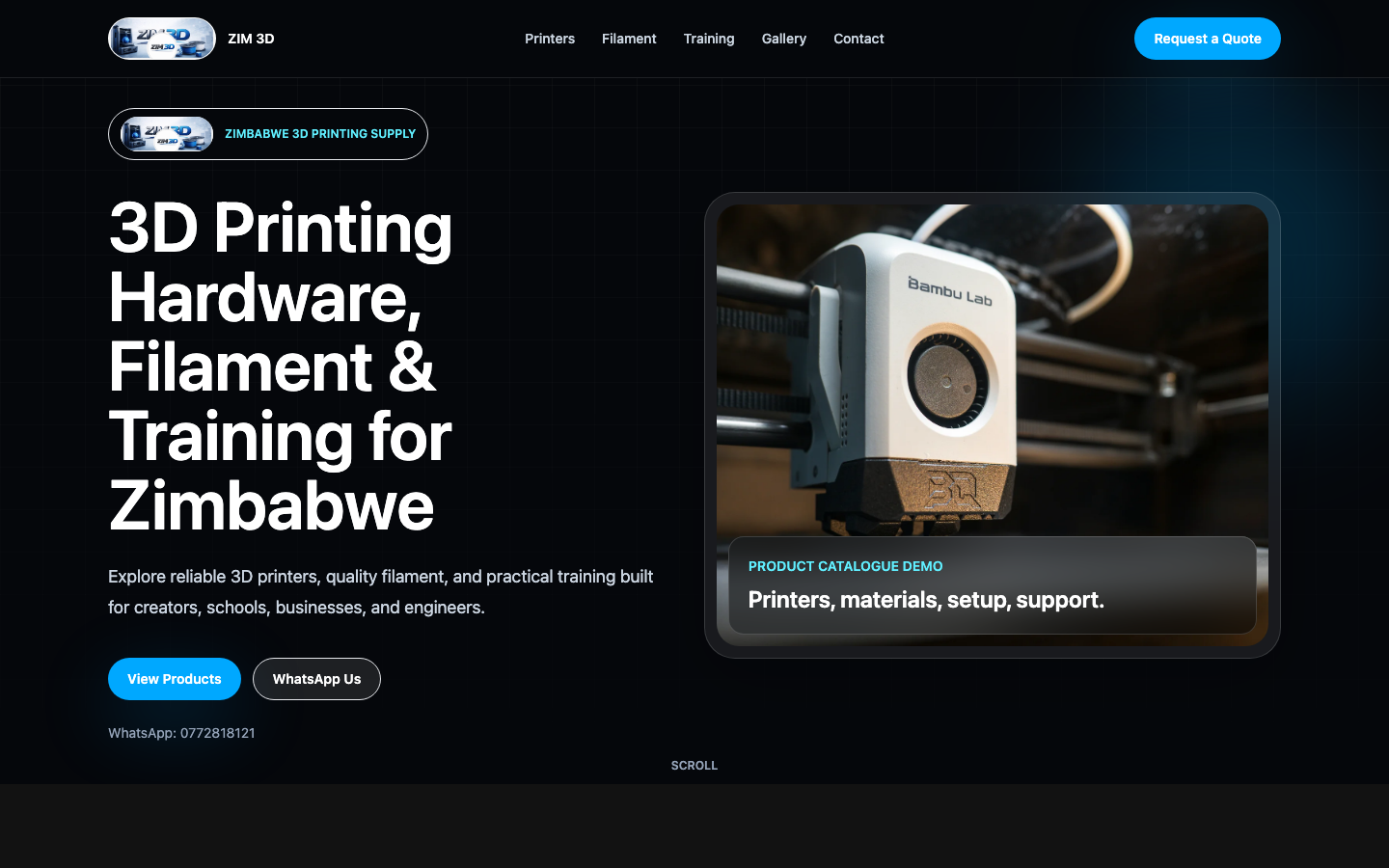 Homepage of the Zim 3D website demo